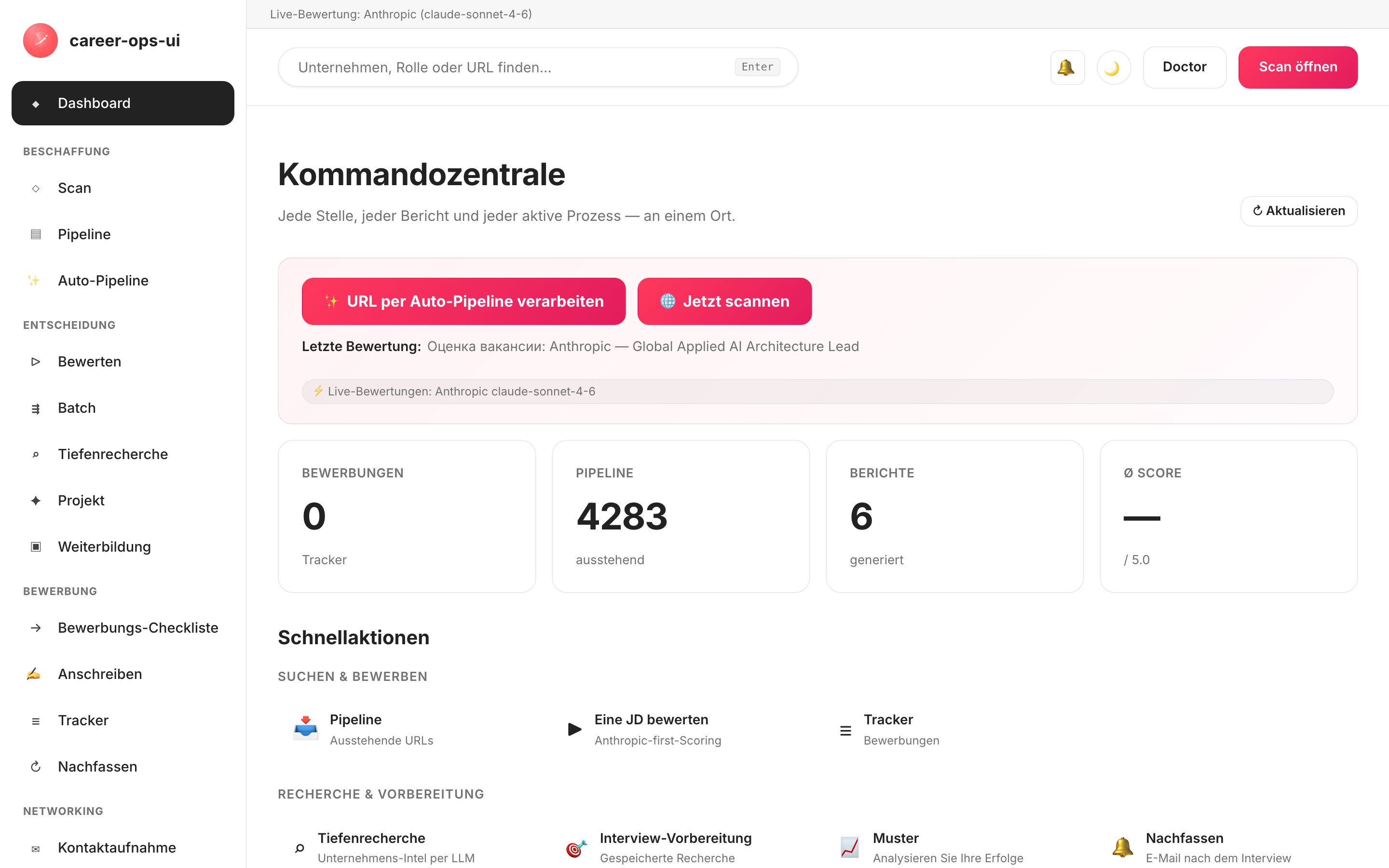 Die career-ops-ui-Kommandozentrale: Seitennavigation, Pipeline-Übersicht und Bewerbungs-Tracker