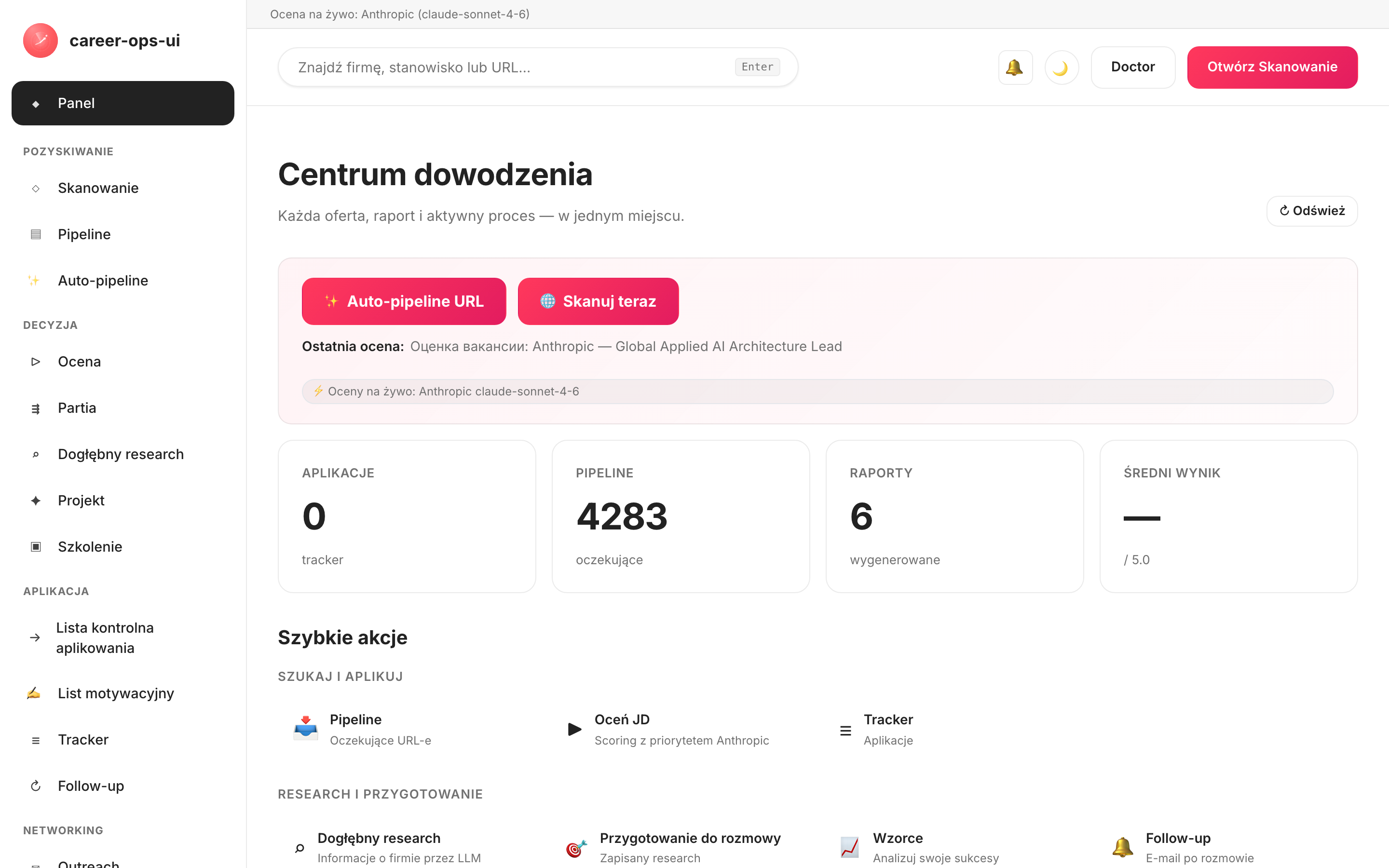 Centrum dowodzenia career-ops-ui: nawigacja boczna, przegląd pipeline'u i tracker aplikacji