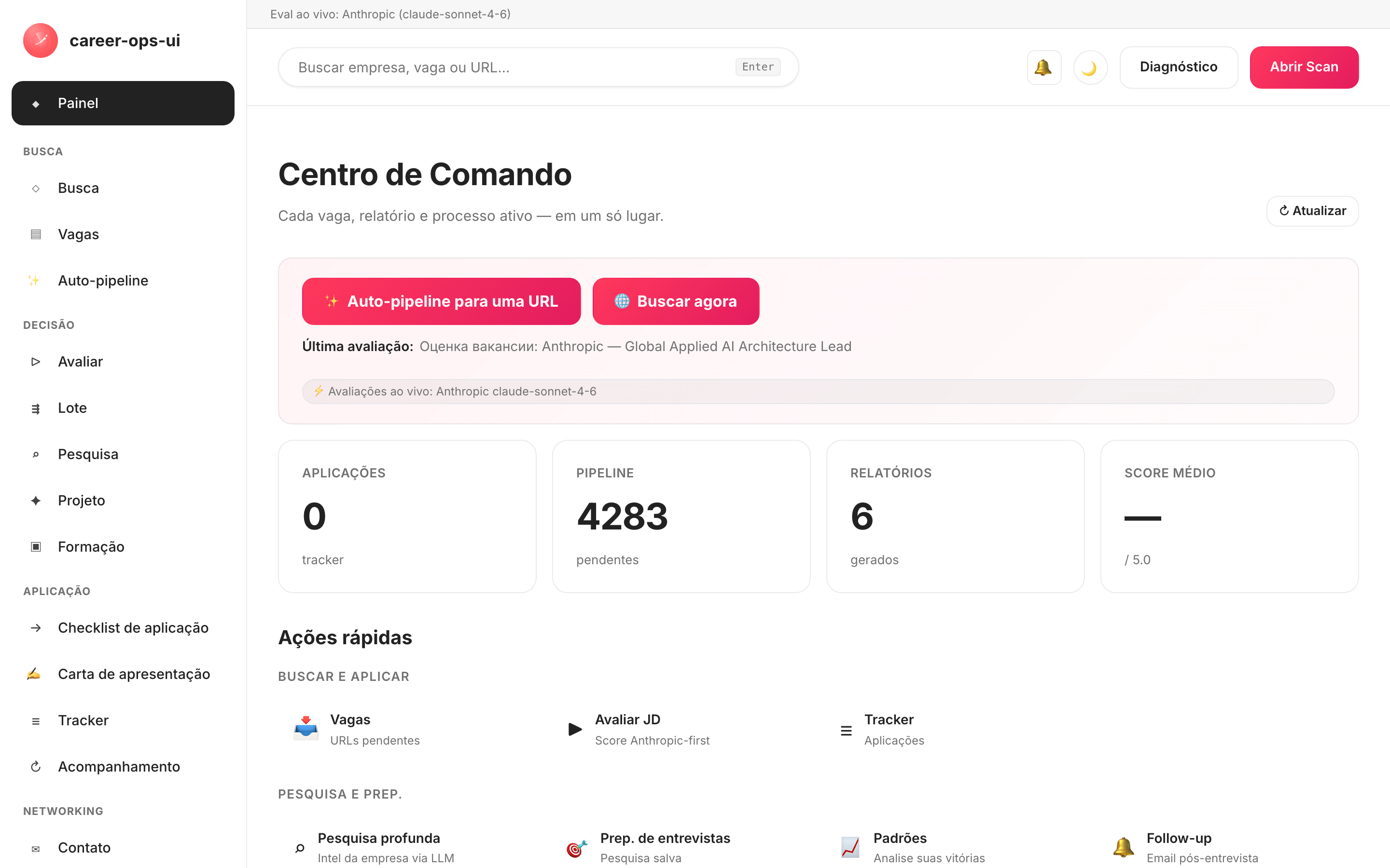 A central de comando do career-ops-ui: navegação lateral, visão de vagas e tracker de candidaturas