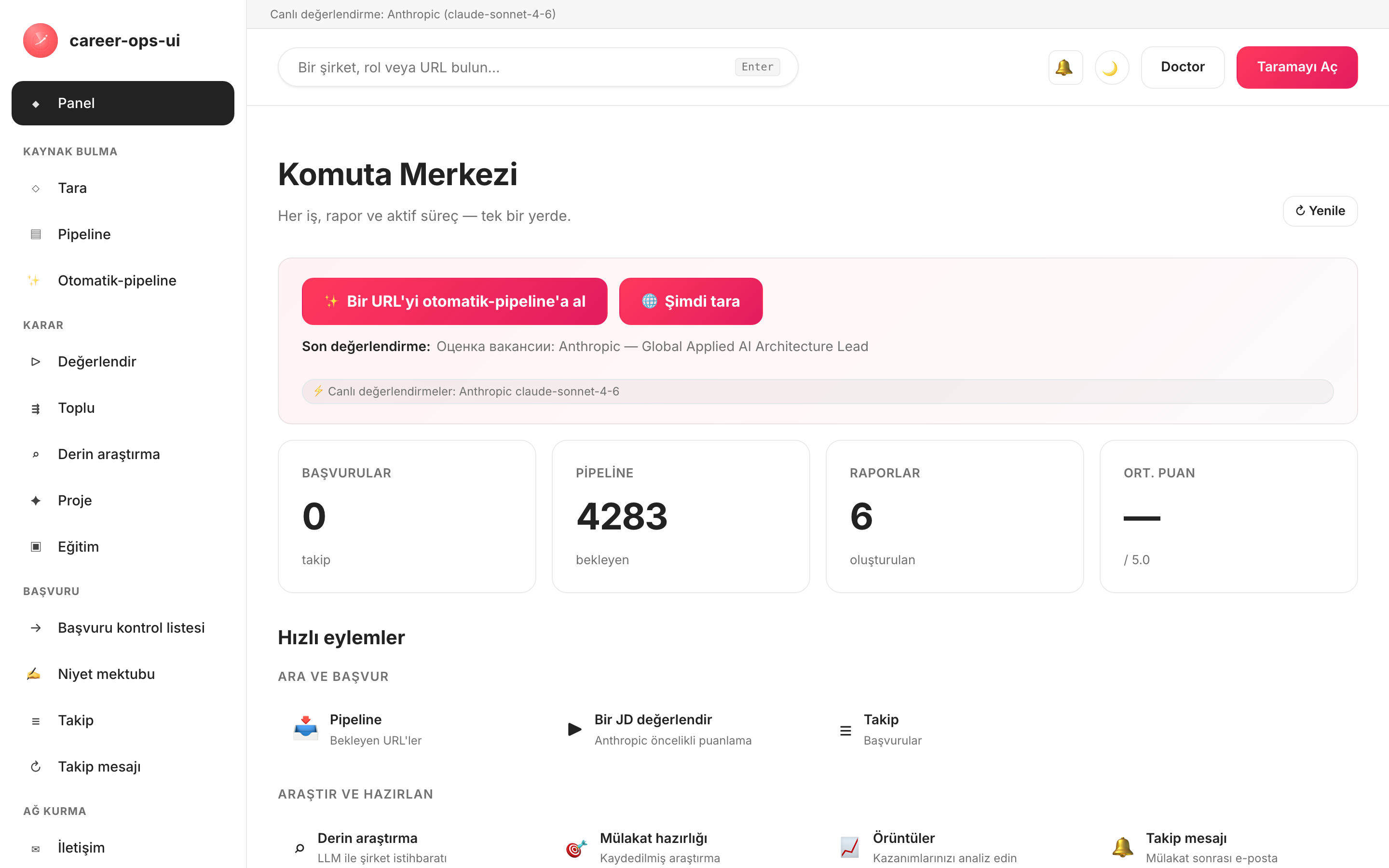 career-ops-ui komuta merkezi: yan gezinme, pipeline özeti ve başvuru takibi